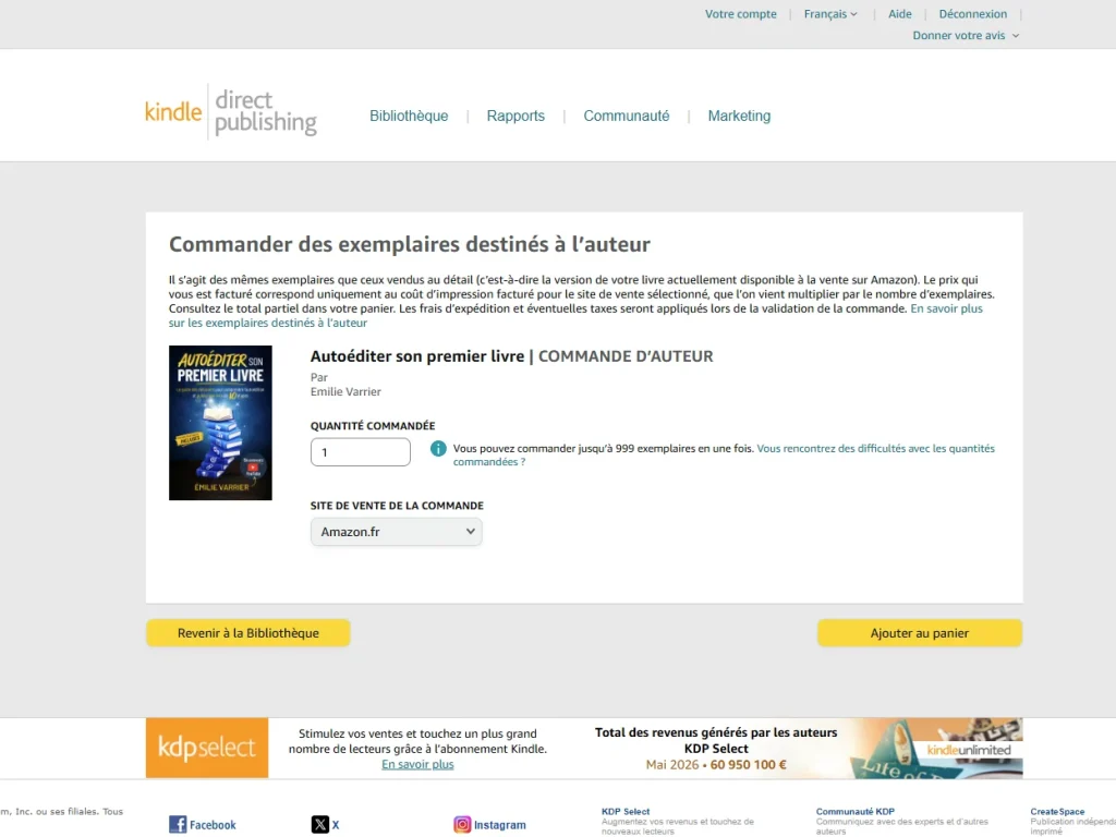Imprime écran commande exemplaire auteur