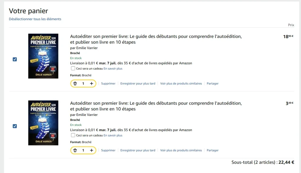 Imprime écran du panier pour le Prix d'un exemplaire auteur