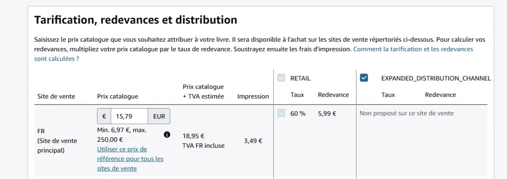 Imprime écran des redevances Amazon KDP